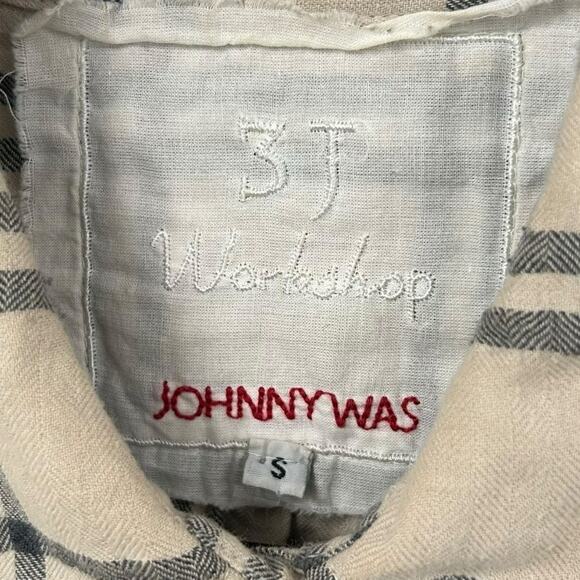 Johnny Was Workshop Tan Black Plaid Babydoll Button Up Shirt Womens Small - Picture 2 of 5